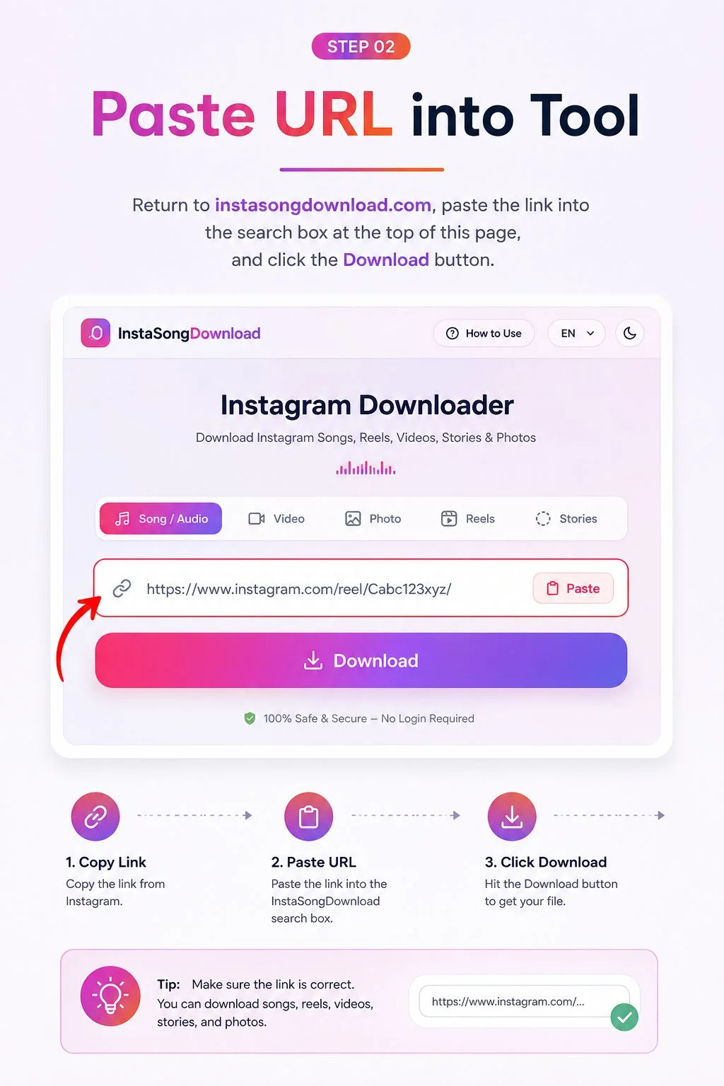 Step 2: Paste the Instagram URL into InstaSongDownload