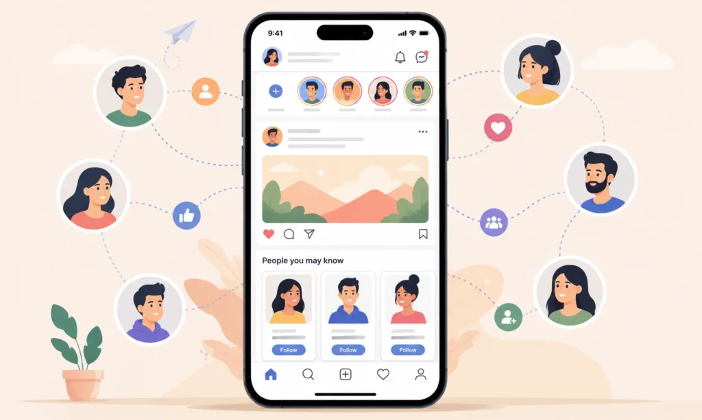 Illustration showing how the who you might know is on Instagram suggestion connects profiles