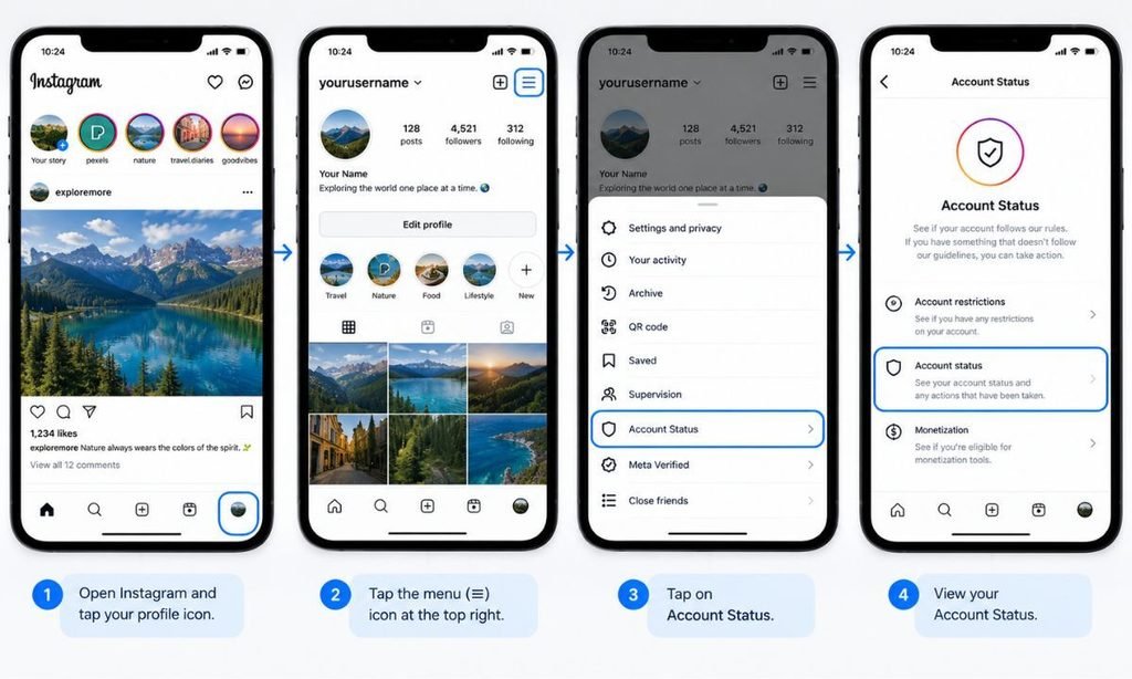 Instagram Account Status setting location in the app menu