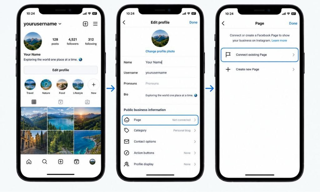 Instagram Edit Profile screen showing Page connection option